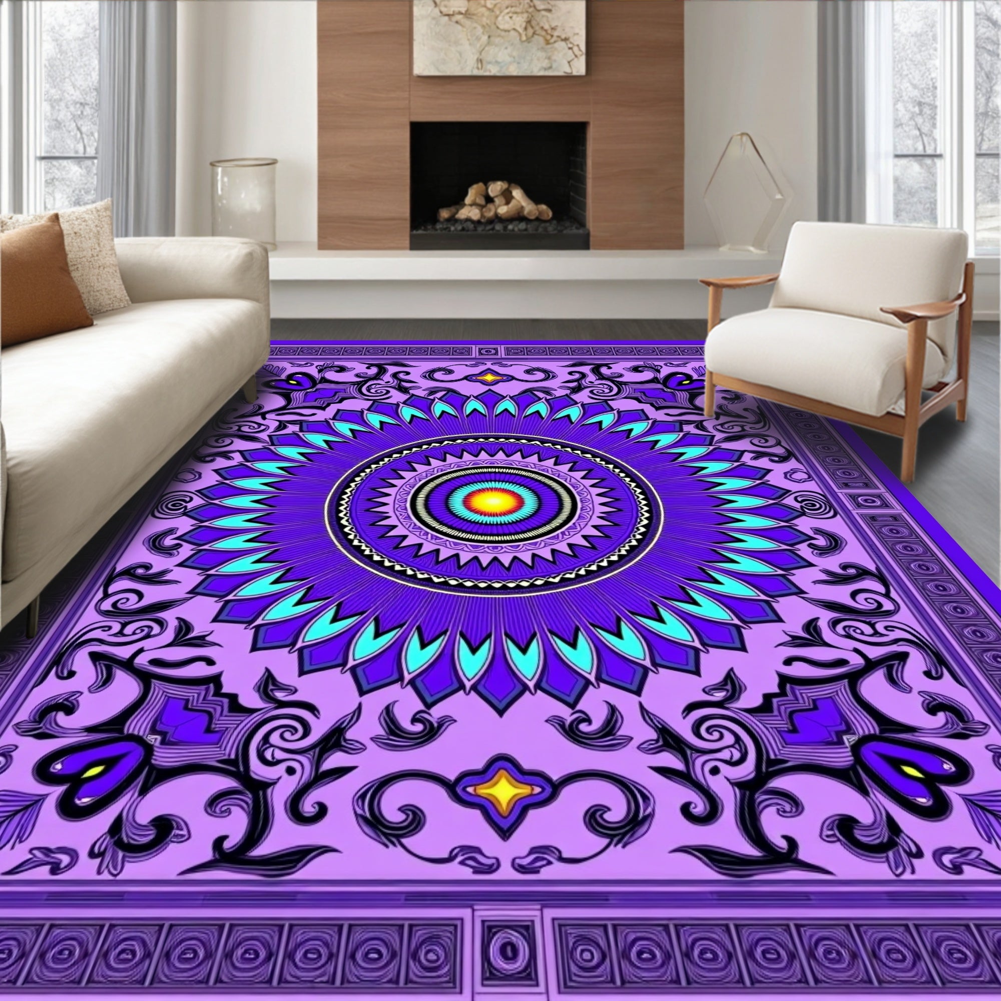 Vivid Purple Floral Mandala Rug
