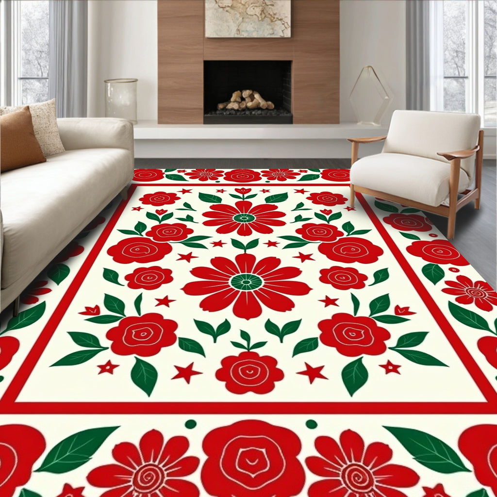Bold Red Floral Border With Green Accents Rug