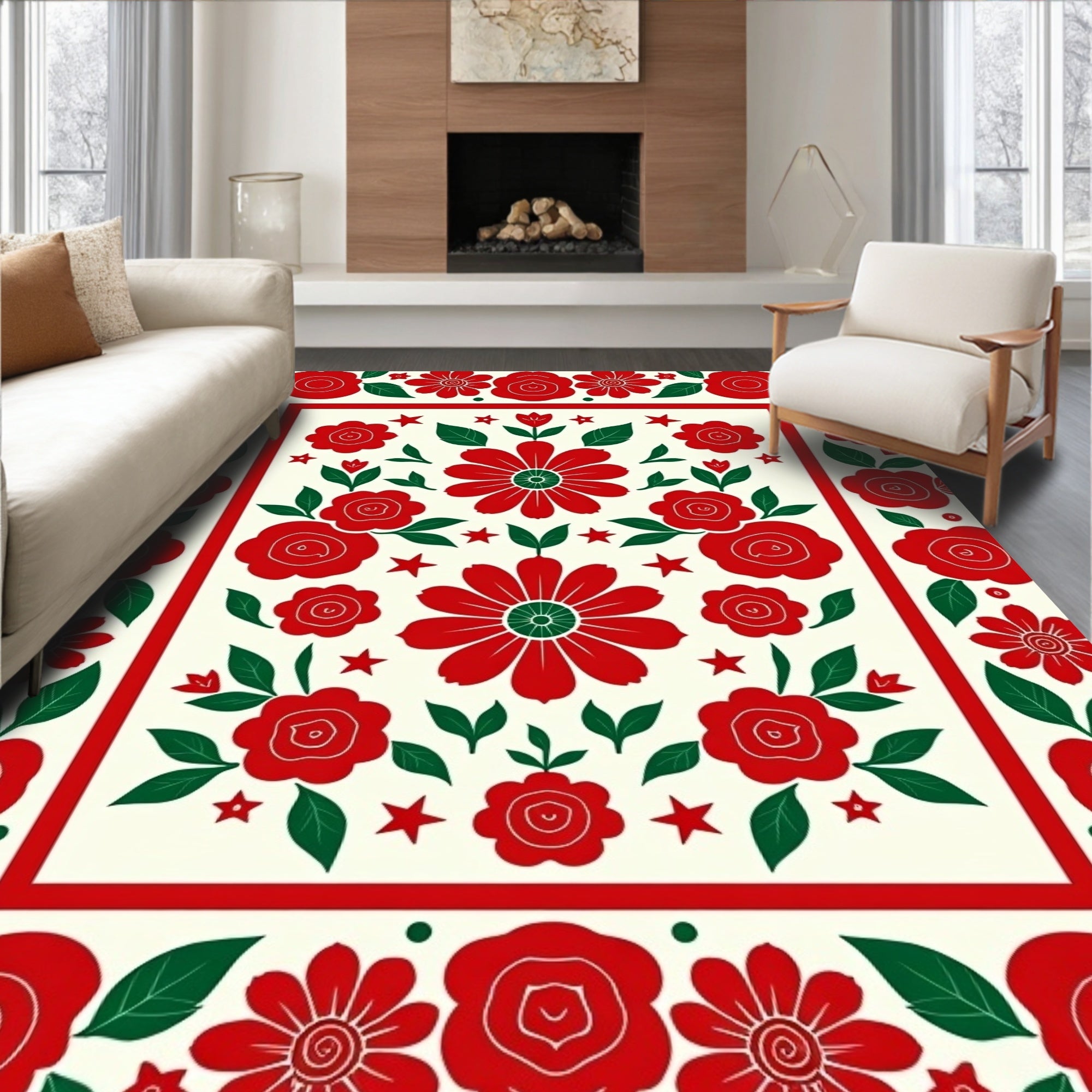 Bold Red Floral Border With Green Accents Rug