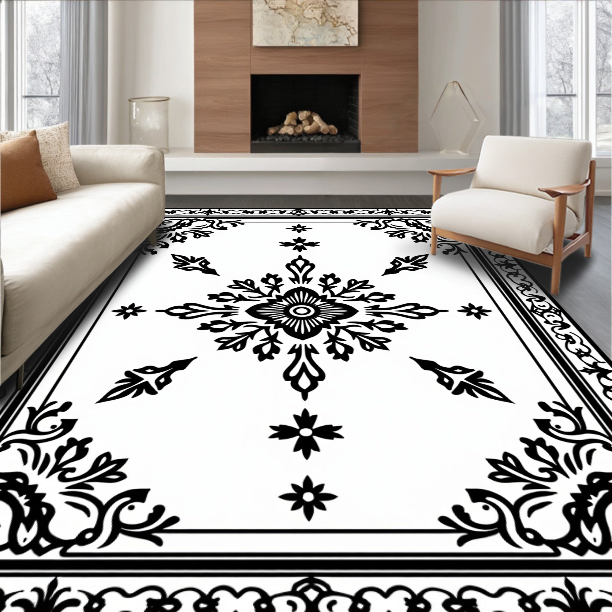 Classic Black and White Floral Medallion Rug