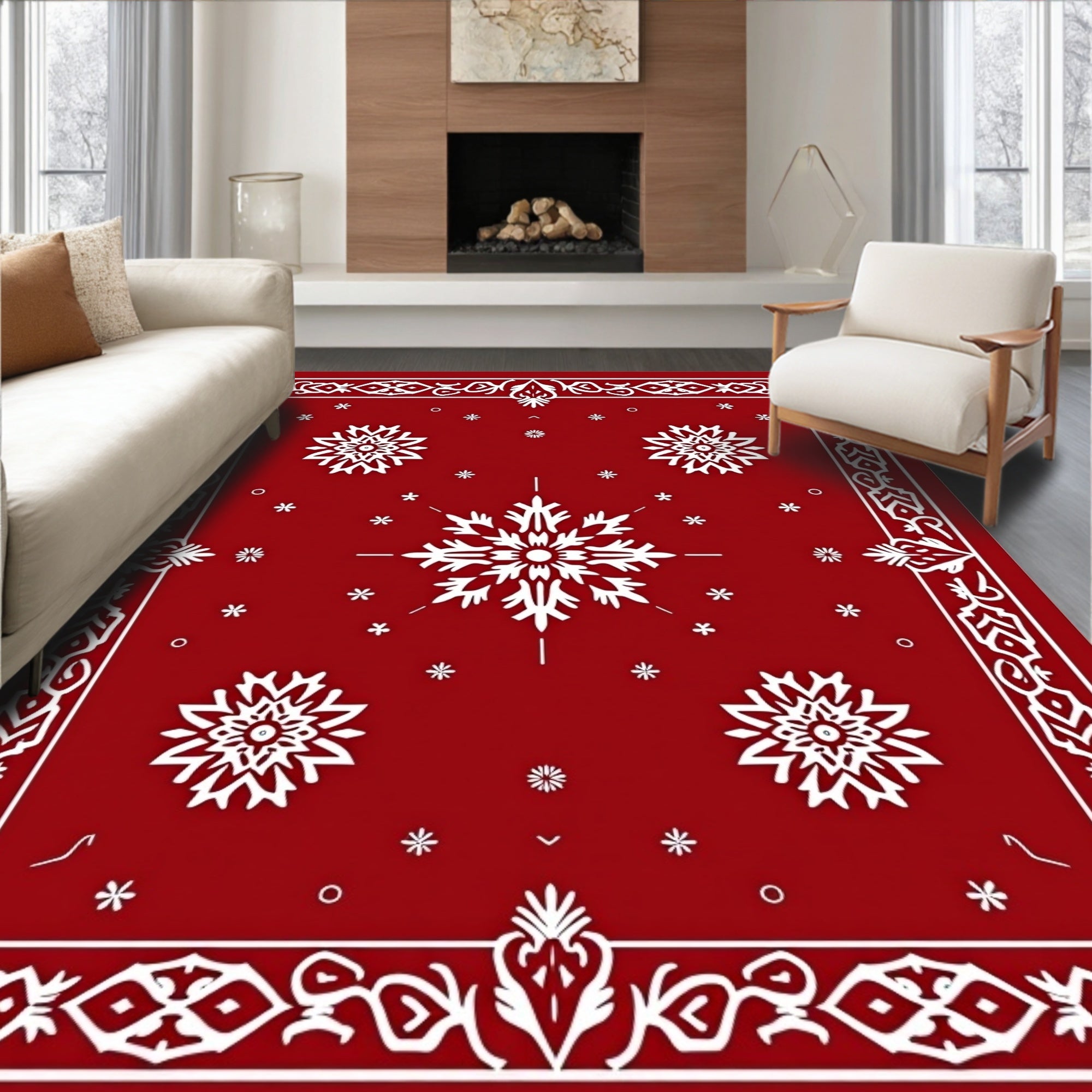 Crimson Snowflake Ornamental Border Rug