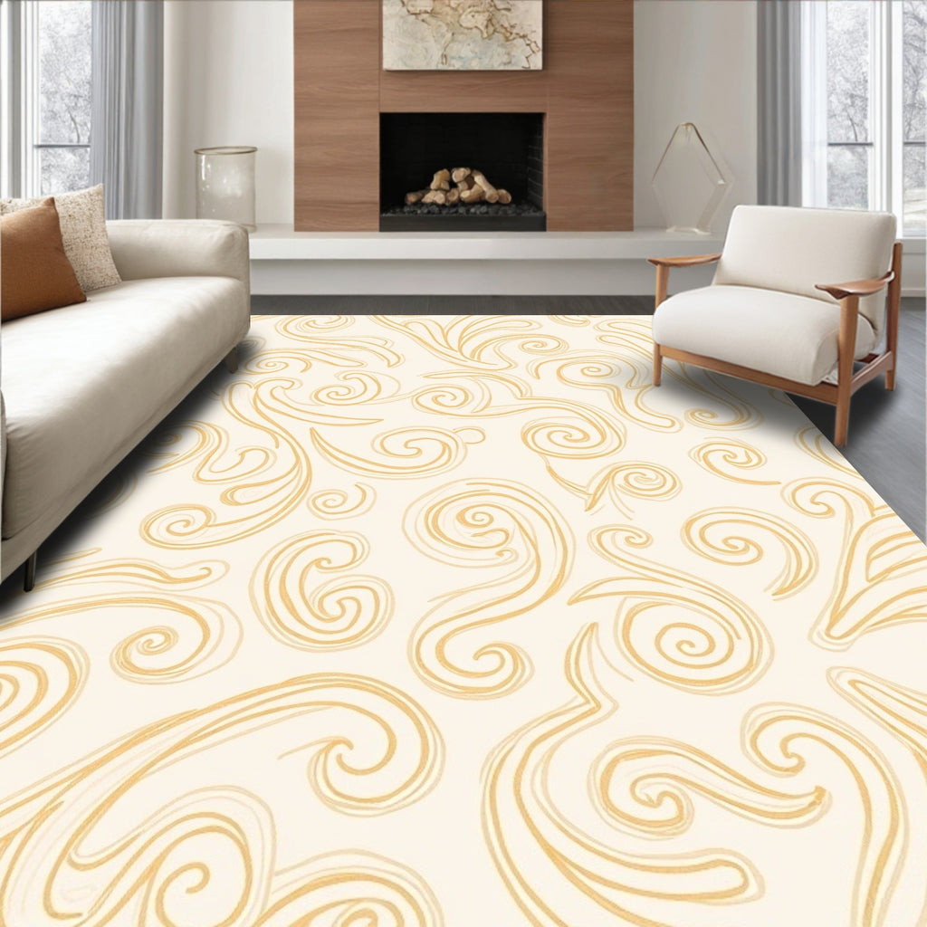 Cream and Gold Swirl Scroll Rug