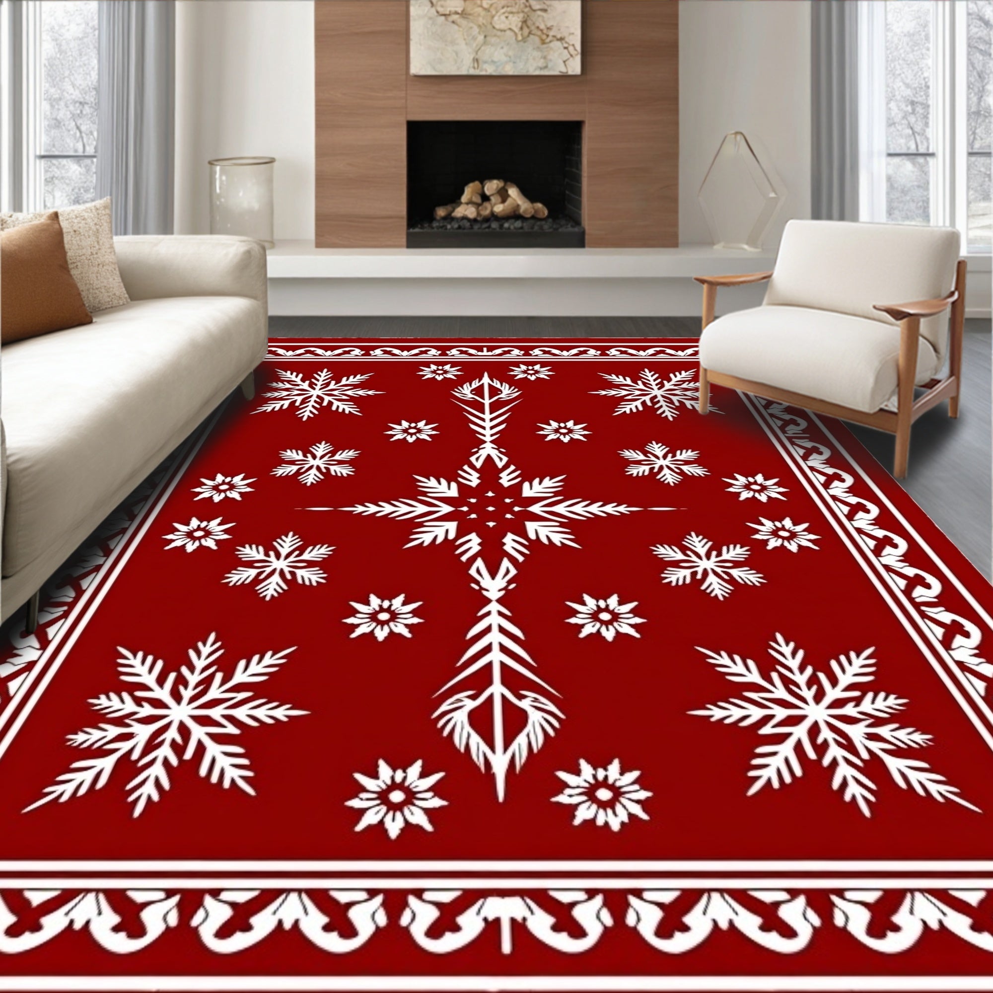 Crimson White Snowflake Wonderland Rug