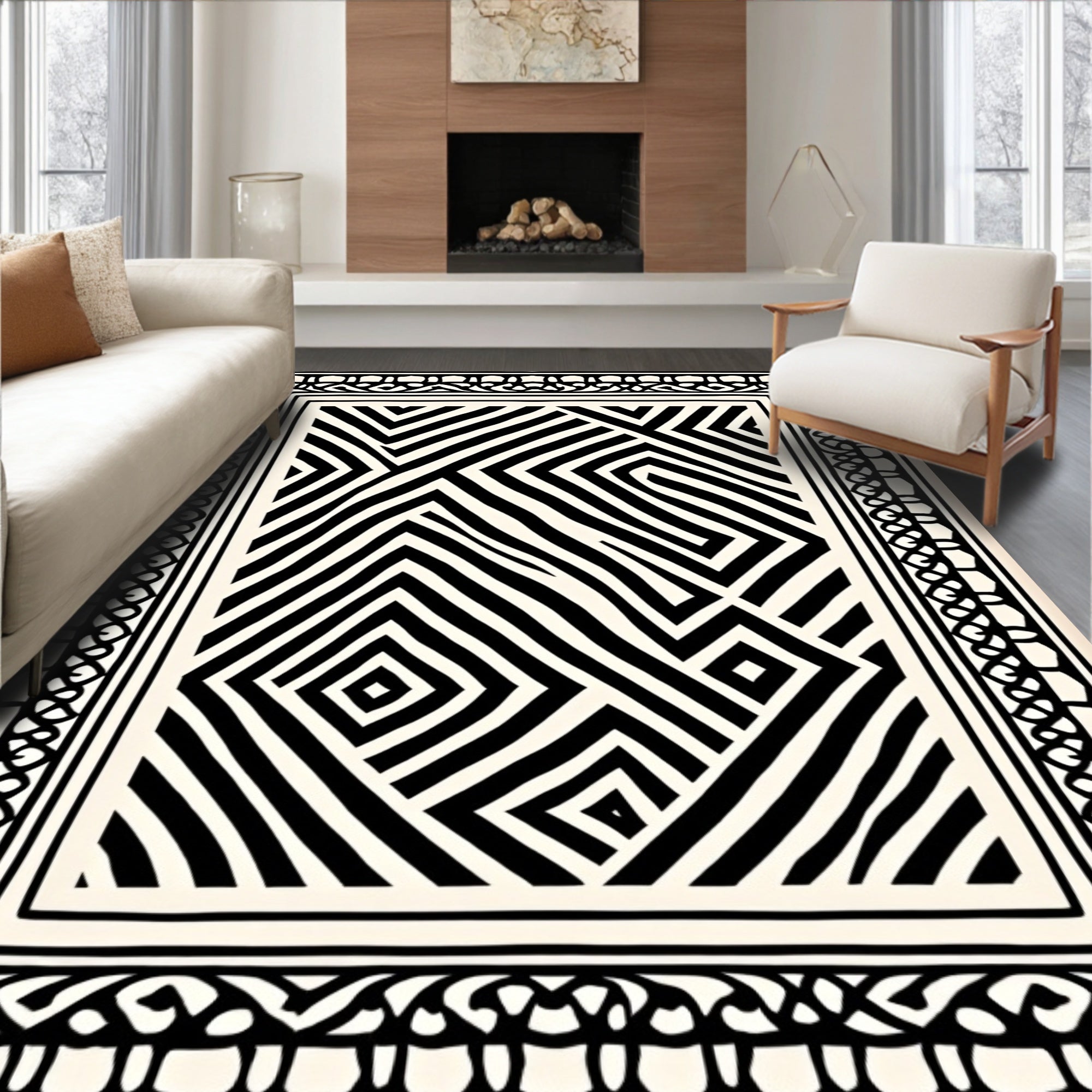 Black White Contemporary Geometric Maze Rug