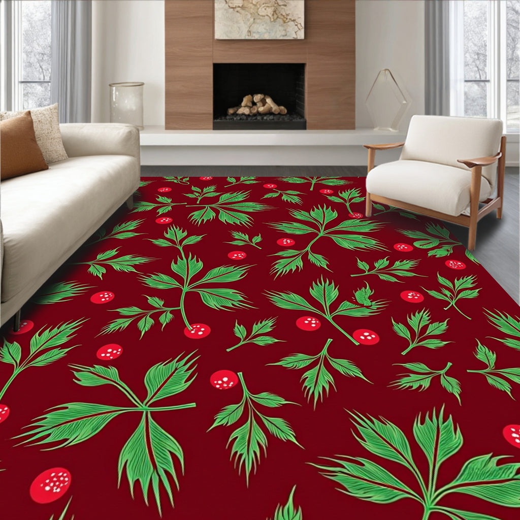 Deep Red Green Leaf Berry Garland Rug