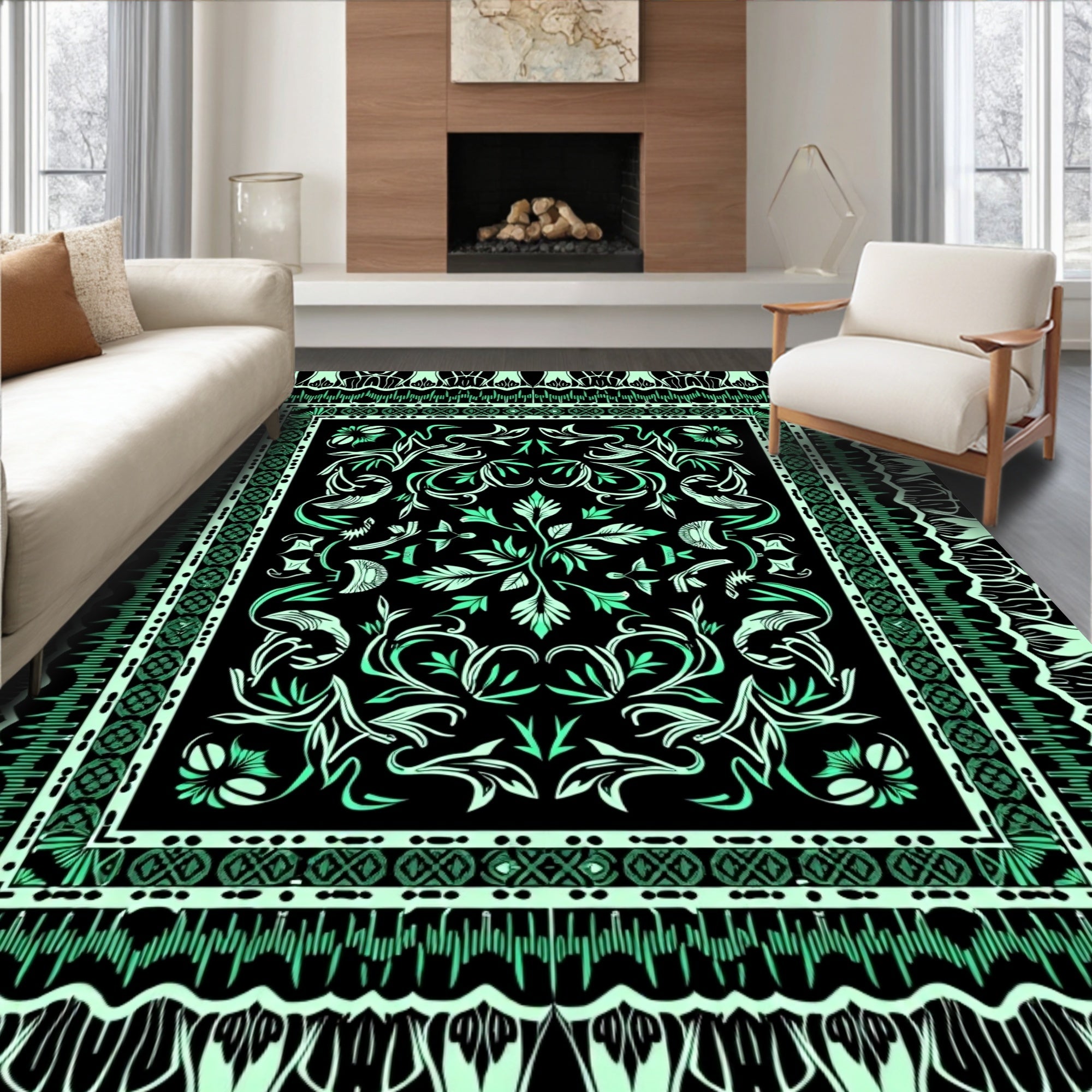 Emerald Black Floral Border Rug