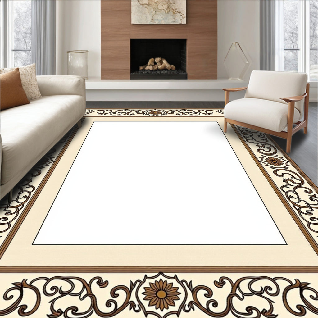 Cream Brown Floral Vintage Scroll Border Rug