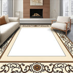Cream Brown Floral Vintage Scroll Border Rug