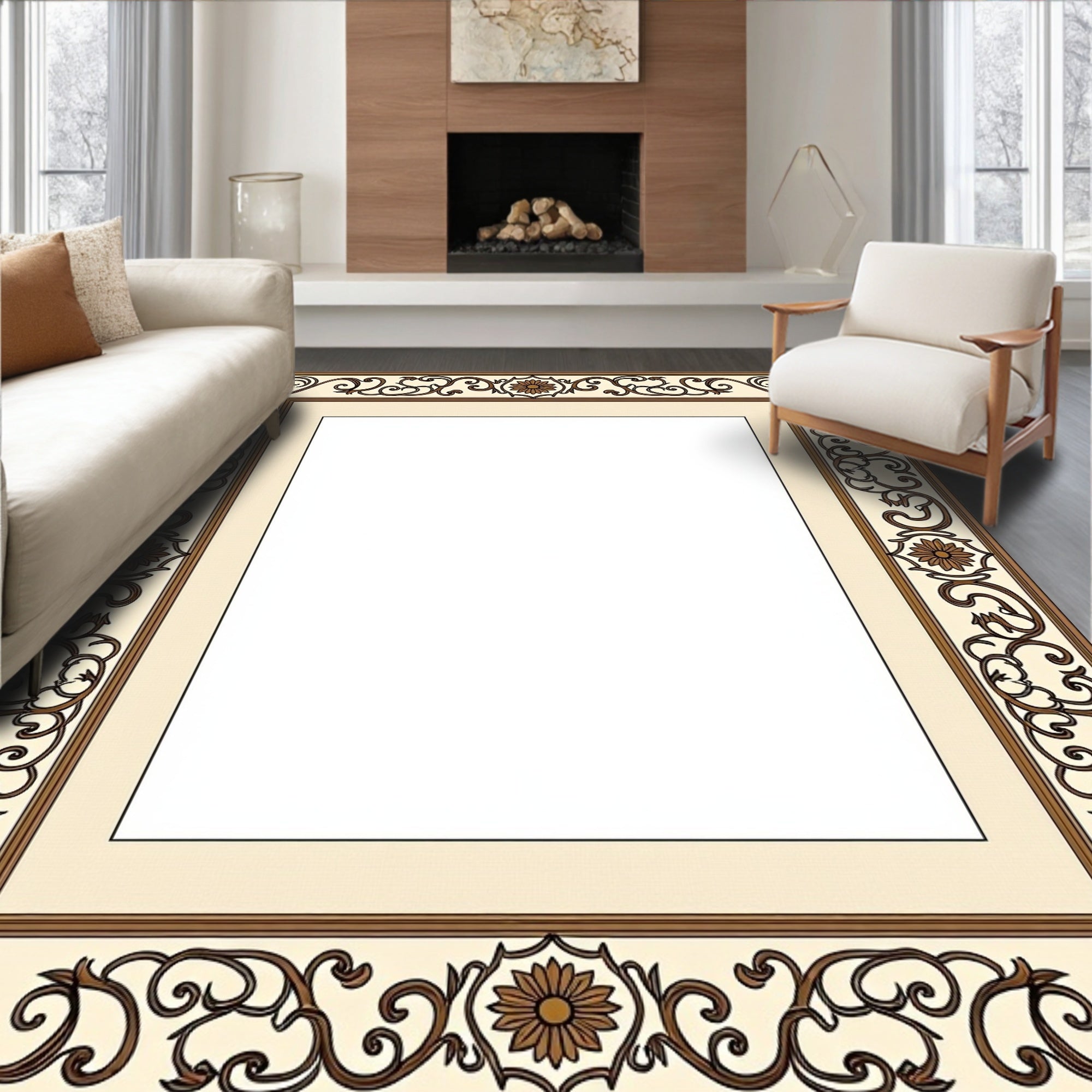 Cream Brown Floral Vintage Scroll Border Rug