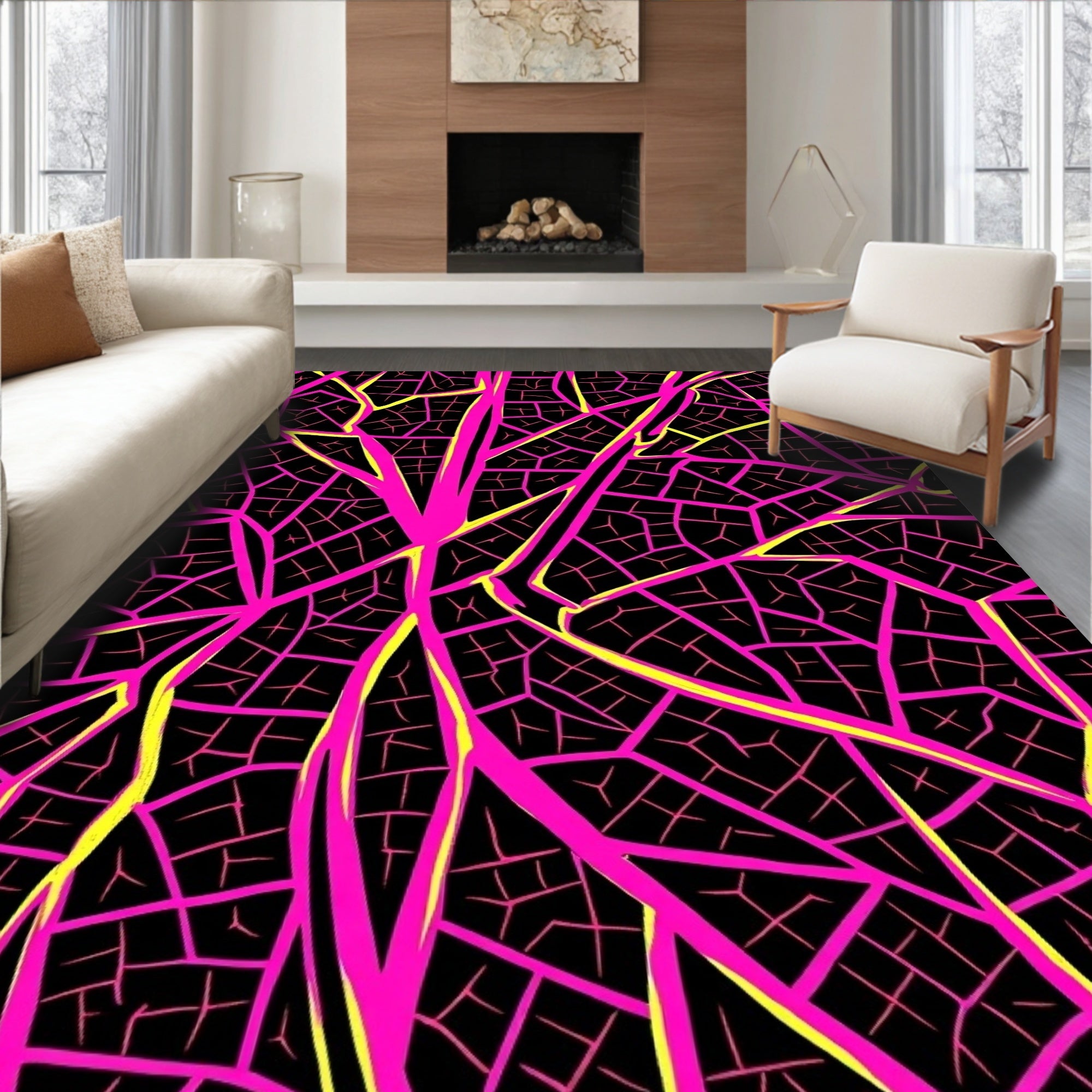 Vibrant Pink Yellow Vein Diagram Rug