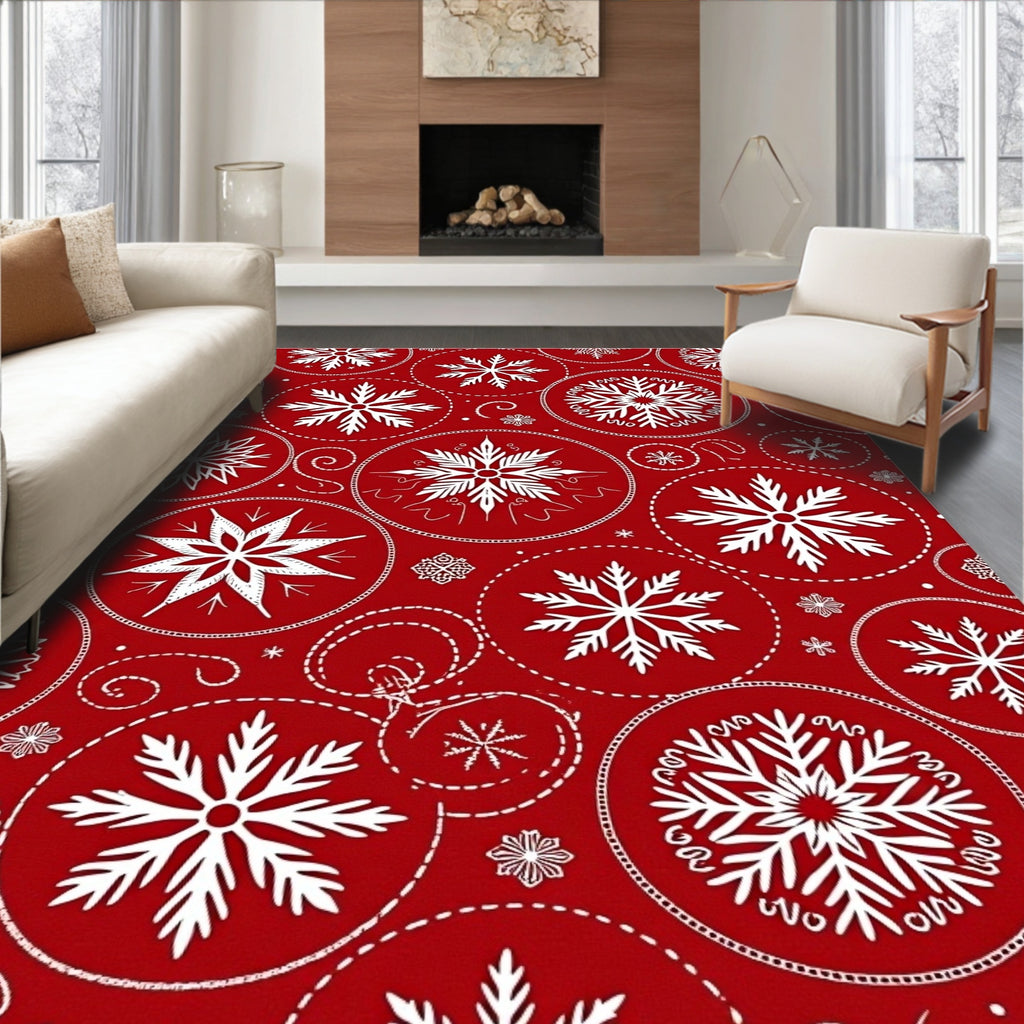 Crimson Snowflakes Within Circles Rug