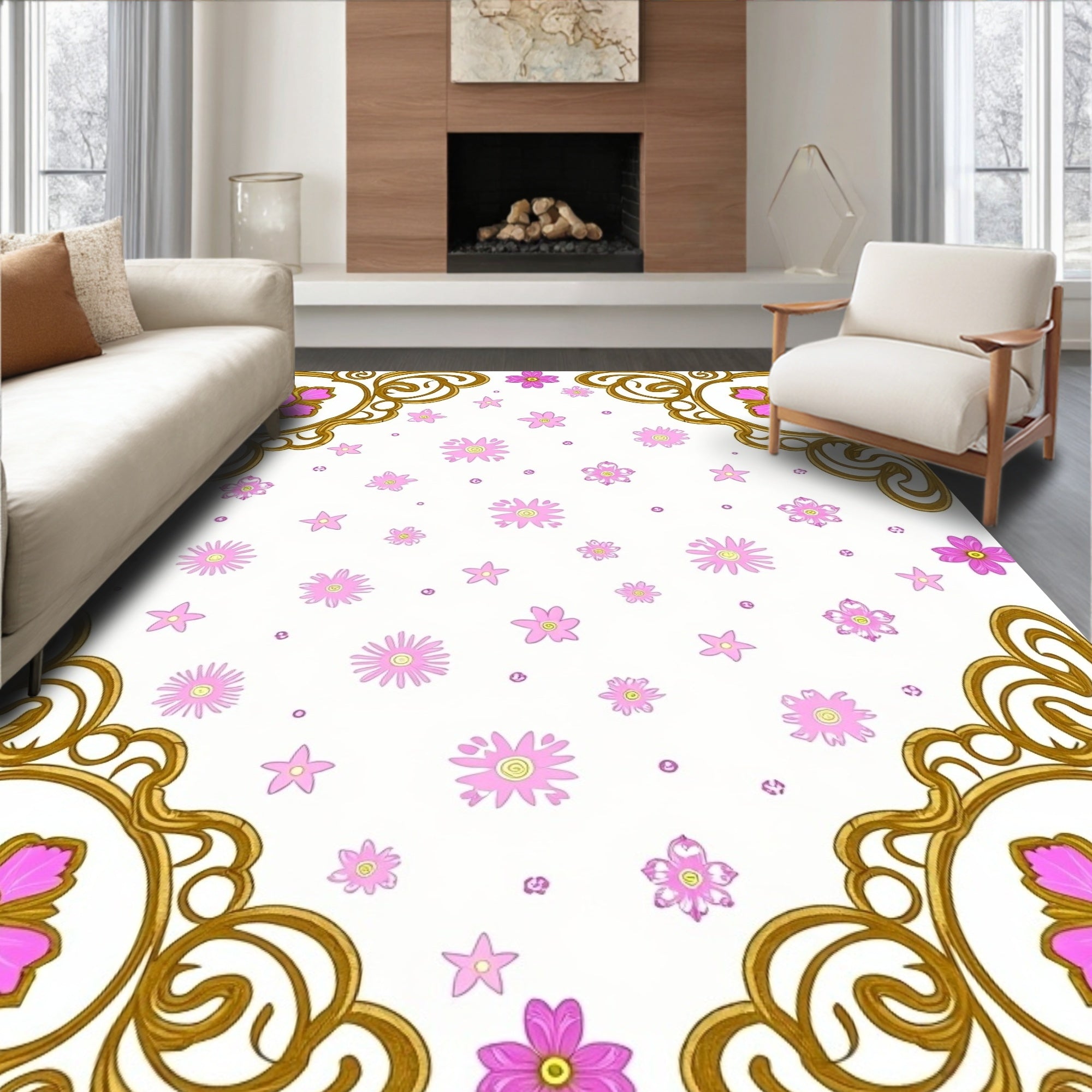 Gold Floral Medallion Pink Daisy Rug