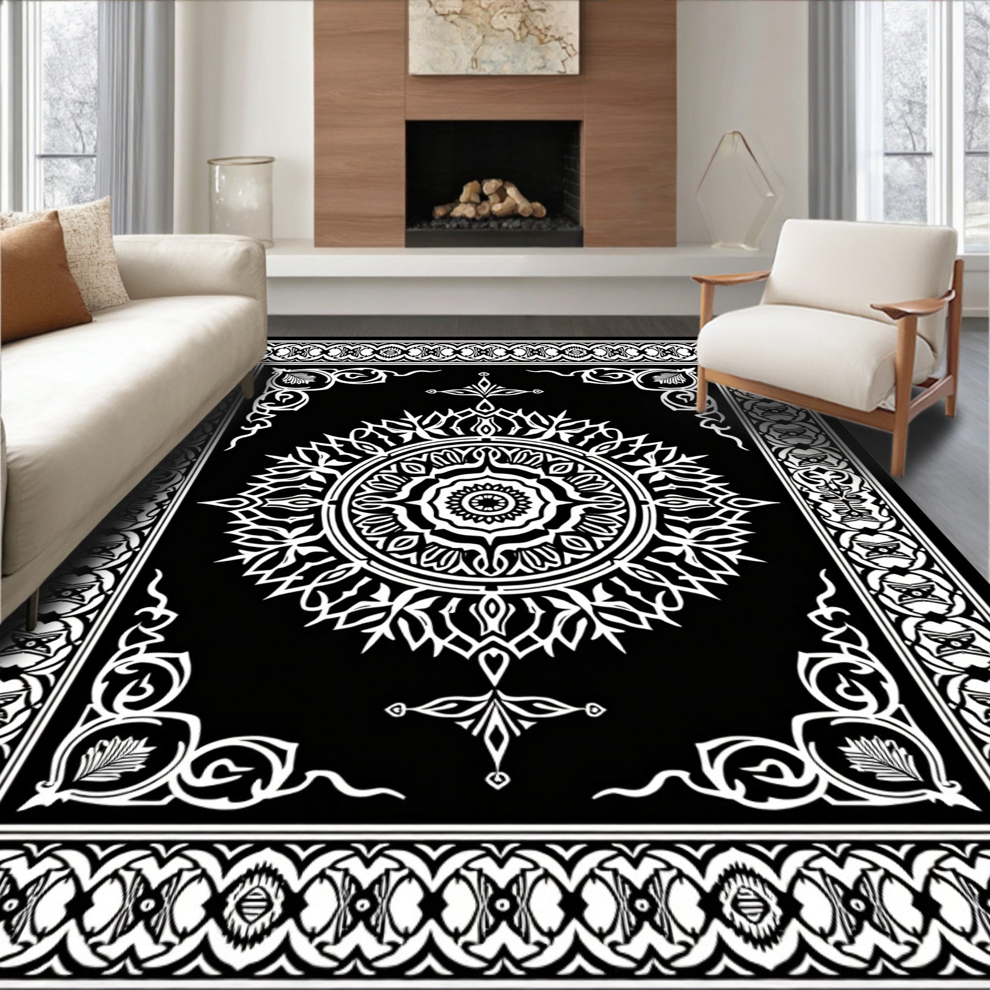 Intricate Black White Floral Medallion Rug