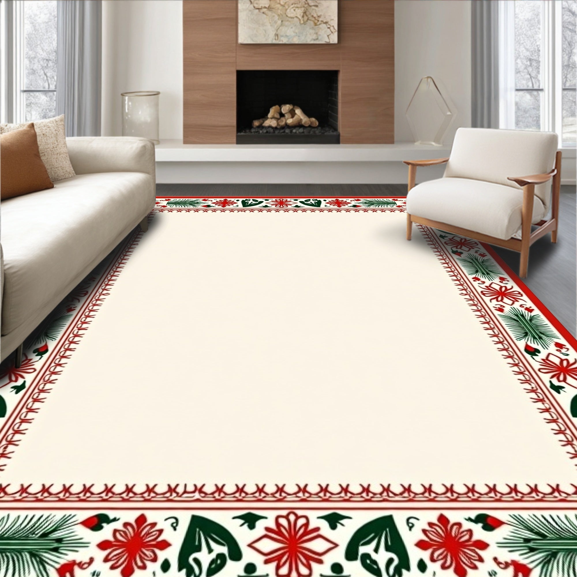 Crimson Green Floral Bordered Rug