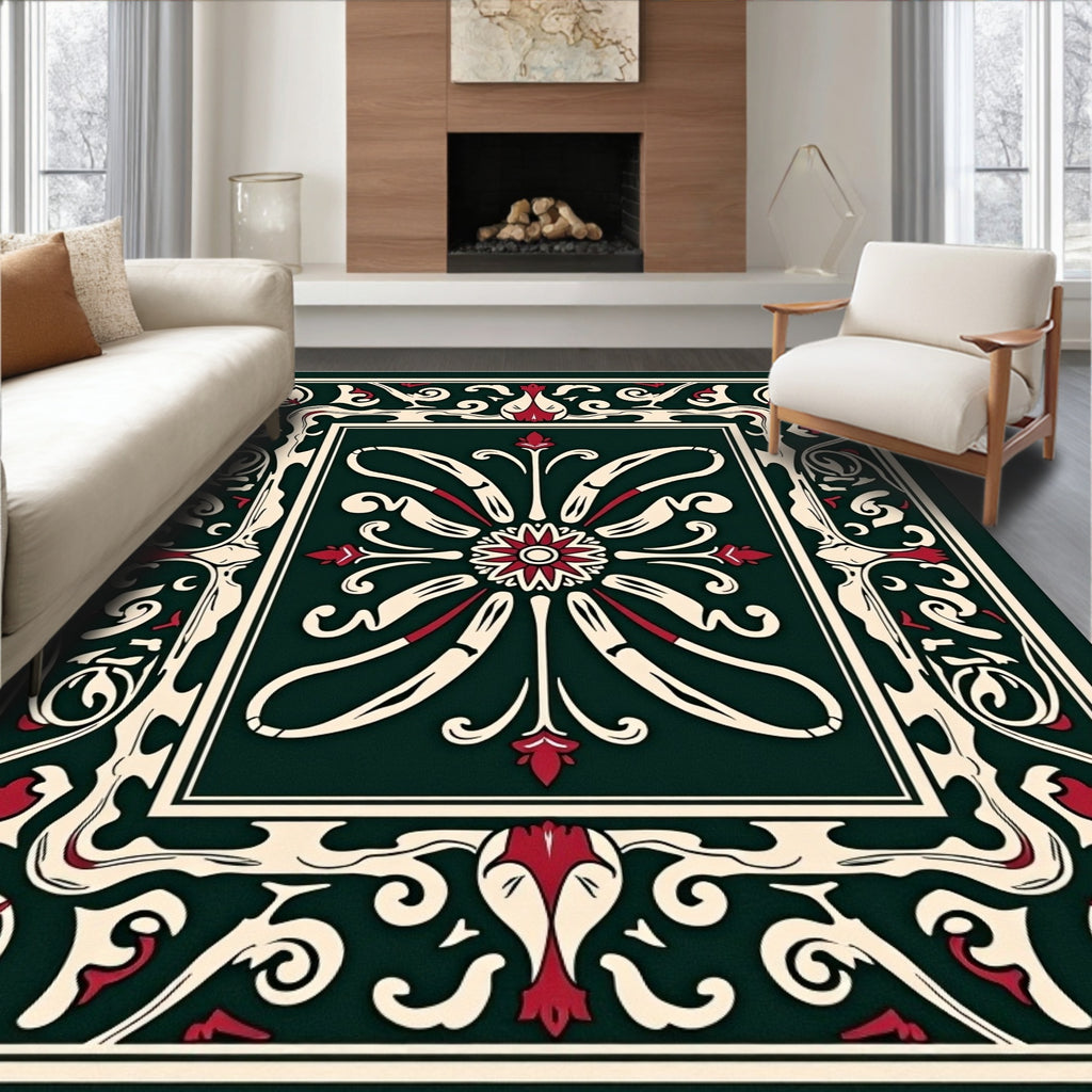 Classic Dark Green Floral Medallion Rug