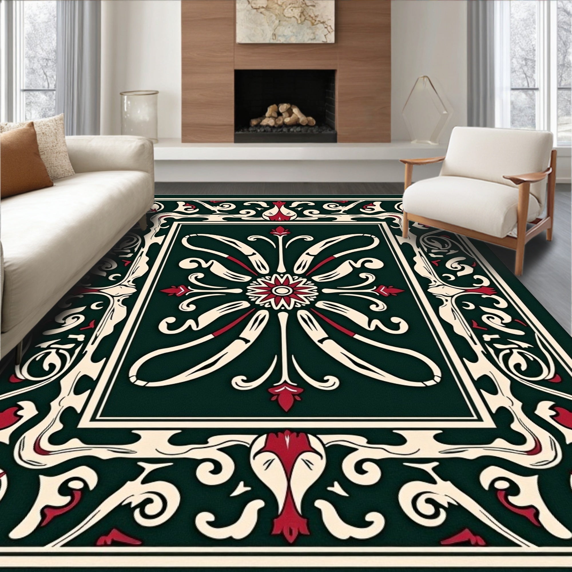 Classic Dark Green Floral Medallion Rug