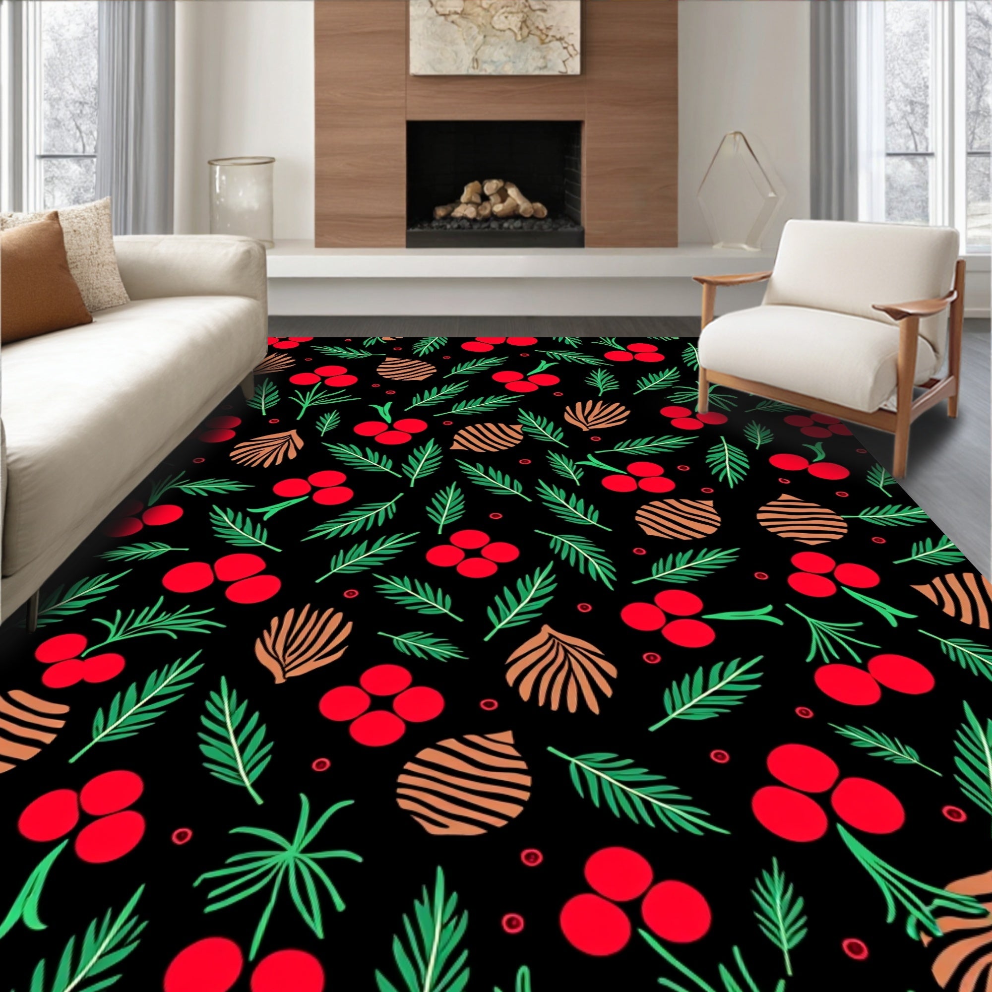 Festive Red Berry Pinecone Foliage Rug