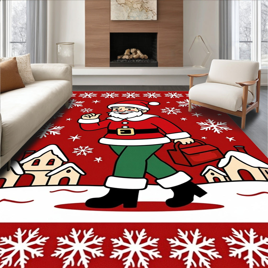 Holiday Santa Snowflakes Village Scene Rug