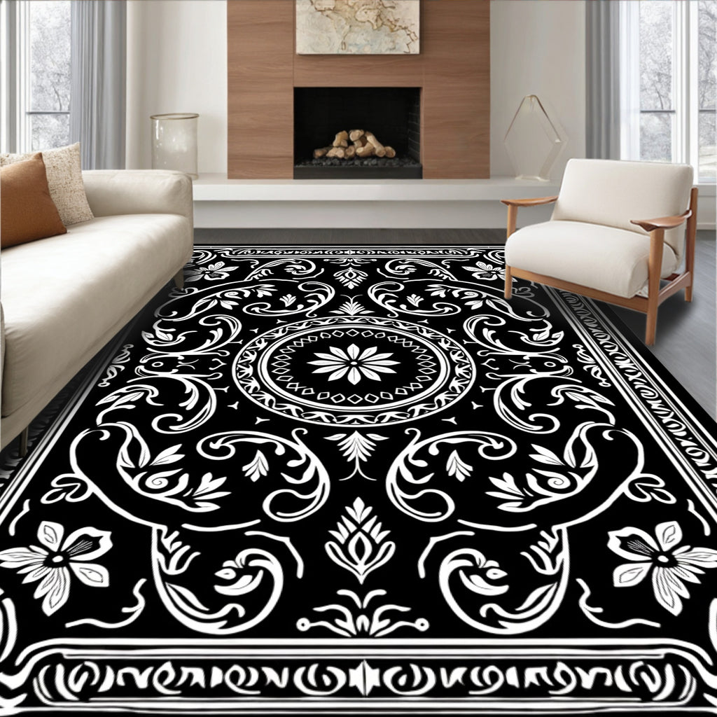 Black and White Floral Scroll Work Rug