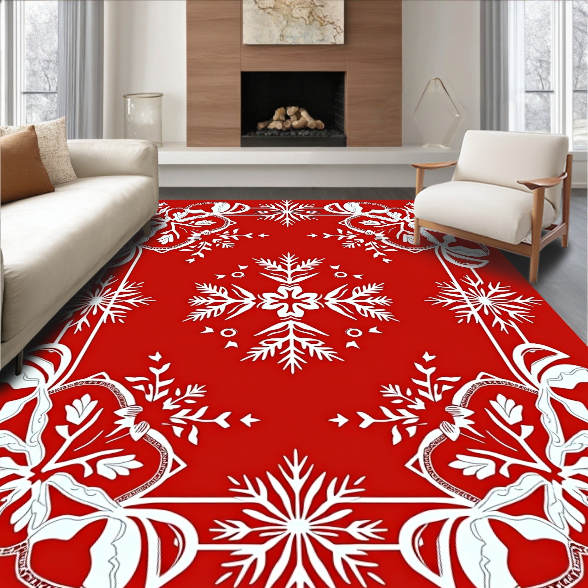 Red White Snowflake Ribbon Border Rug