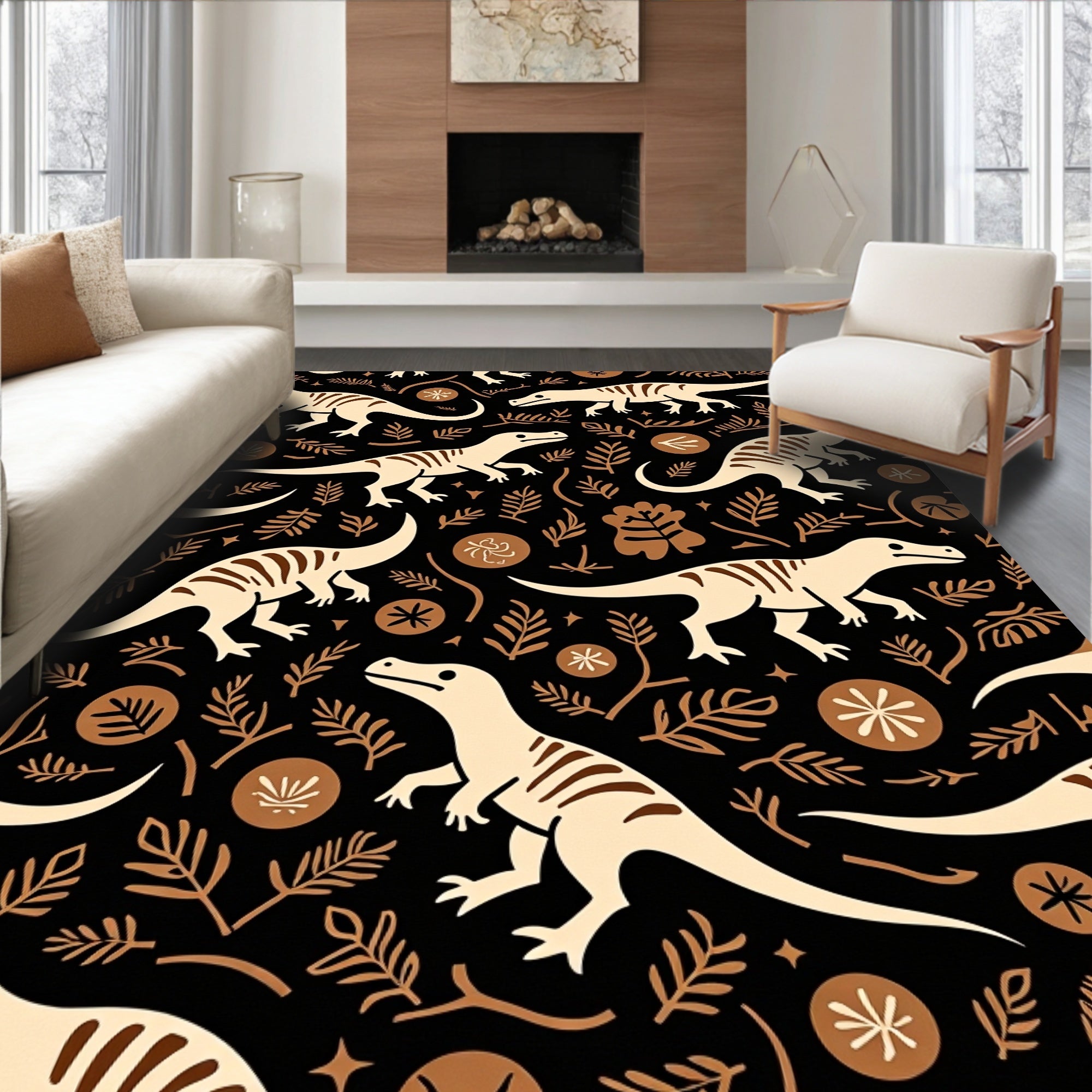 Beige Dinosaurs And Brown Foliage Rug