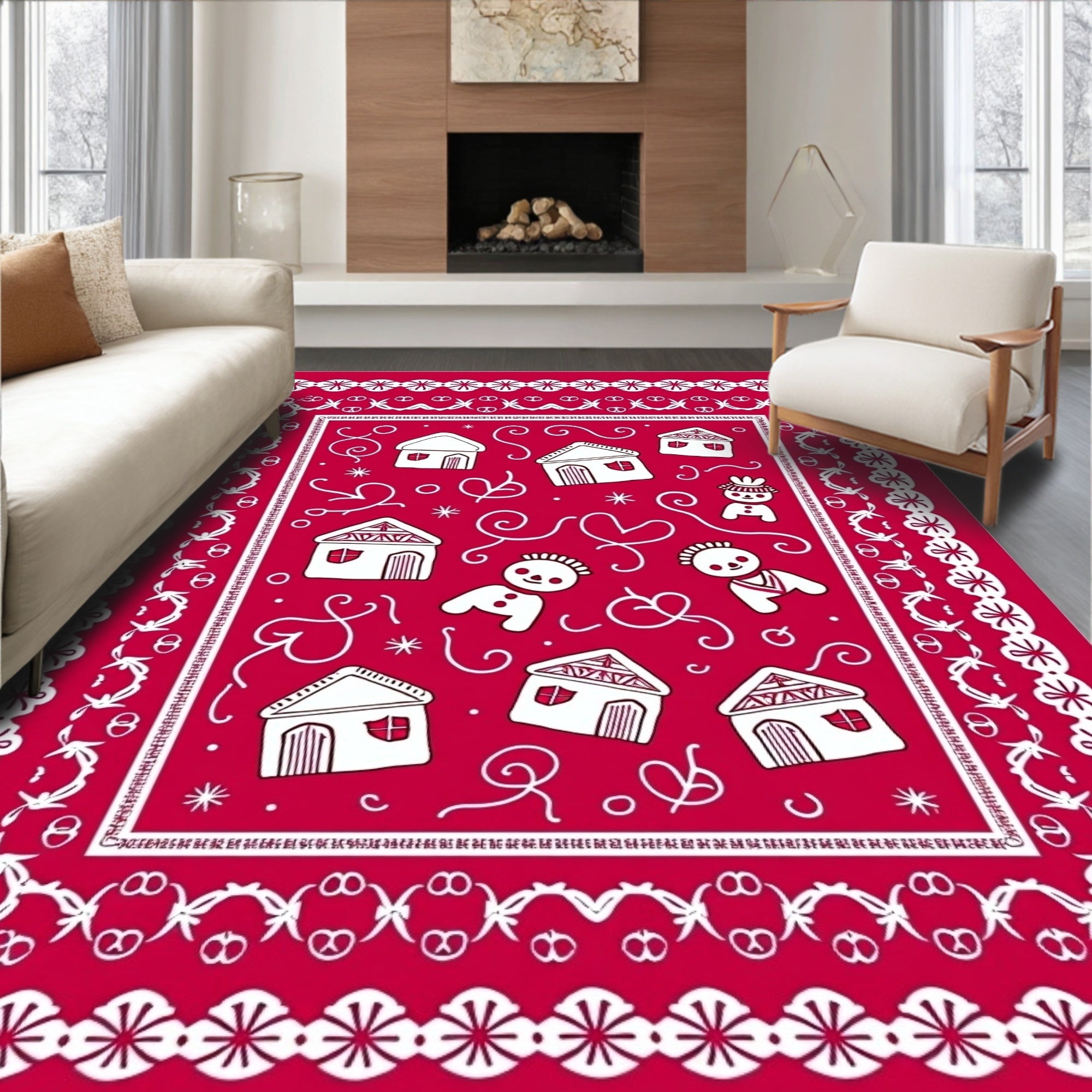 Red Gingerbread Village Characters Rug