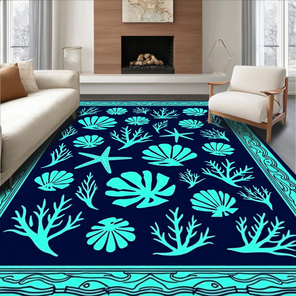 Oceanic Shells and Coral Deep Blue Rug
