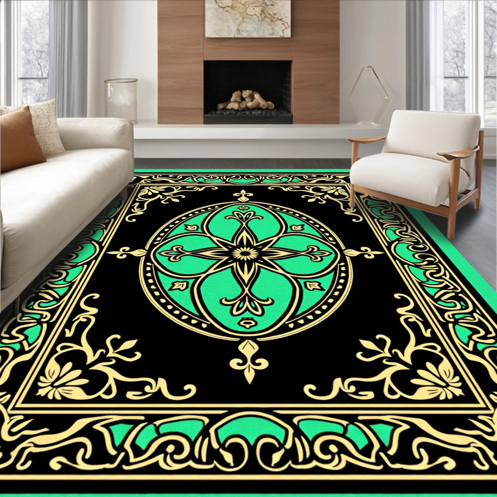 Ornate Emerald Floral Scrollwork Rug