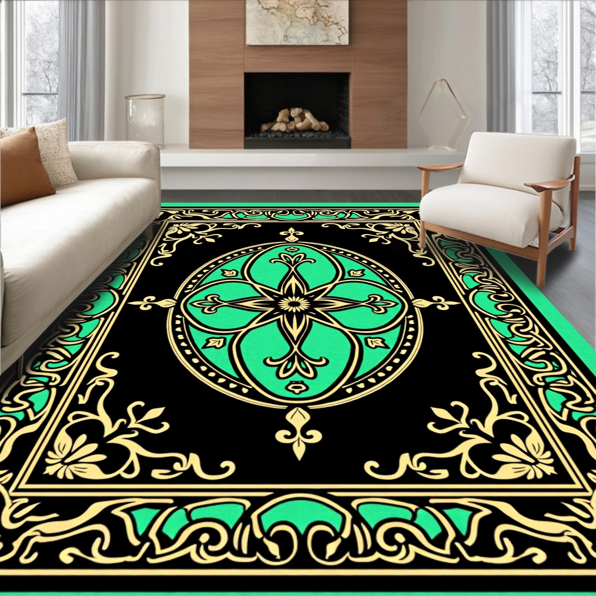 Ornate Emerald Floral Scrollwork Rug