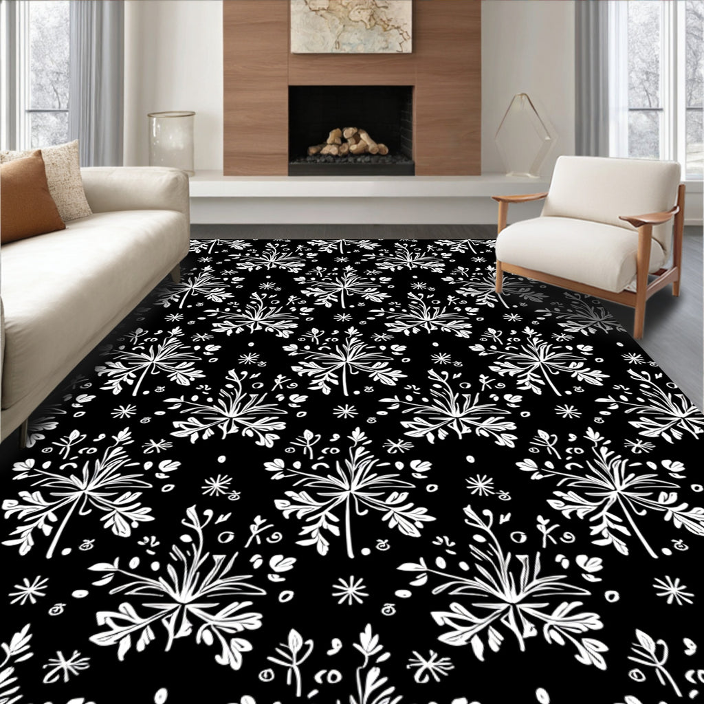 Black White Detailed Floral Garland Rug