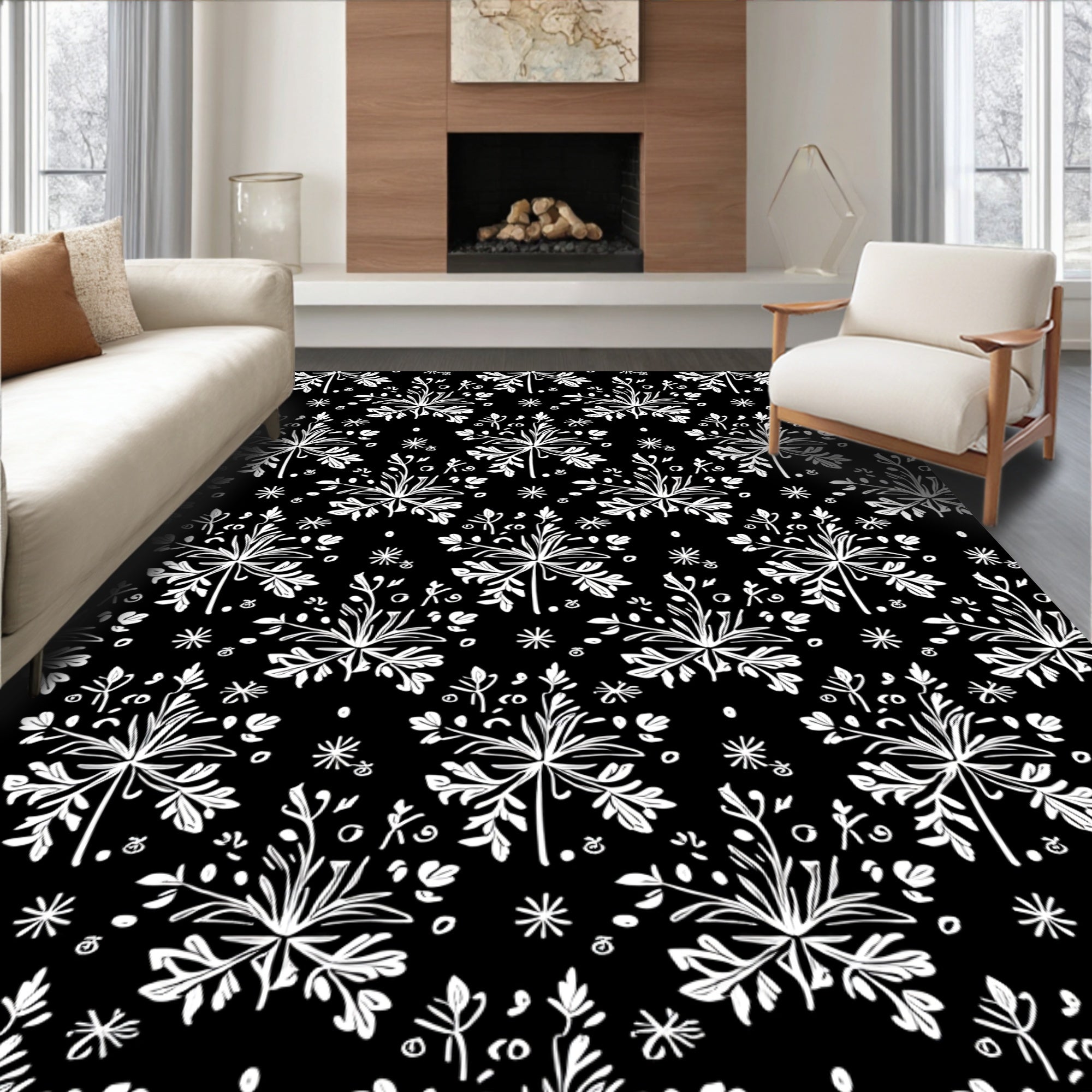 Black White Detailed Floral Garland Rug