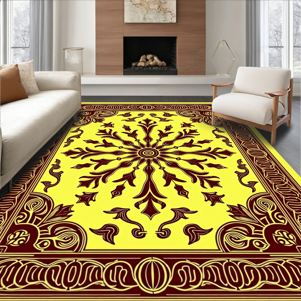 Yellow Burgundy Floral Sunburst Medallion Rug