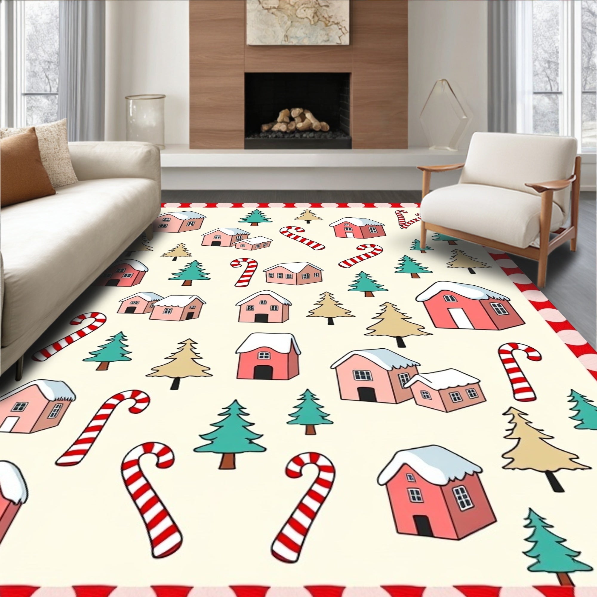 Pink Houses Candy Cane Trees Festive Holiday Rug