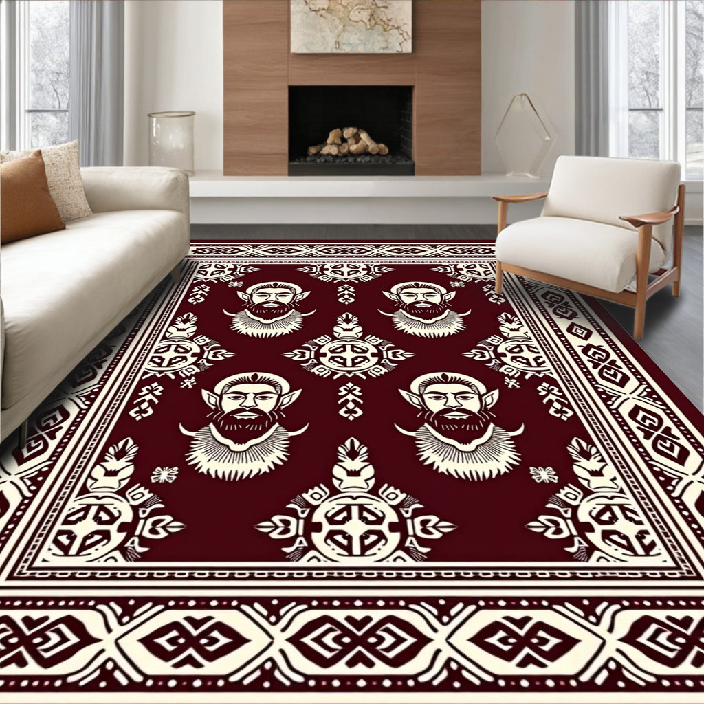 Crimson Bearded Faces Bordered Rug
