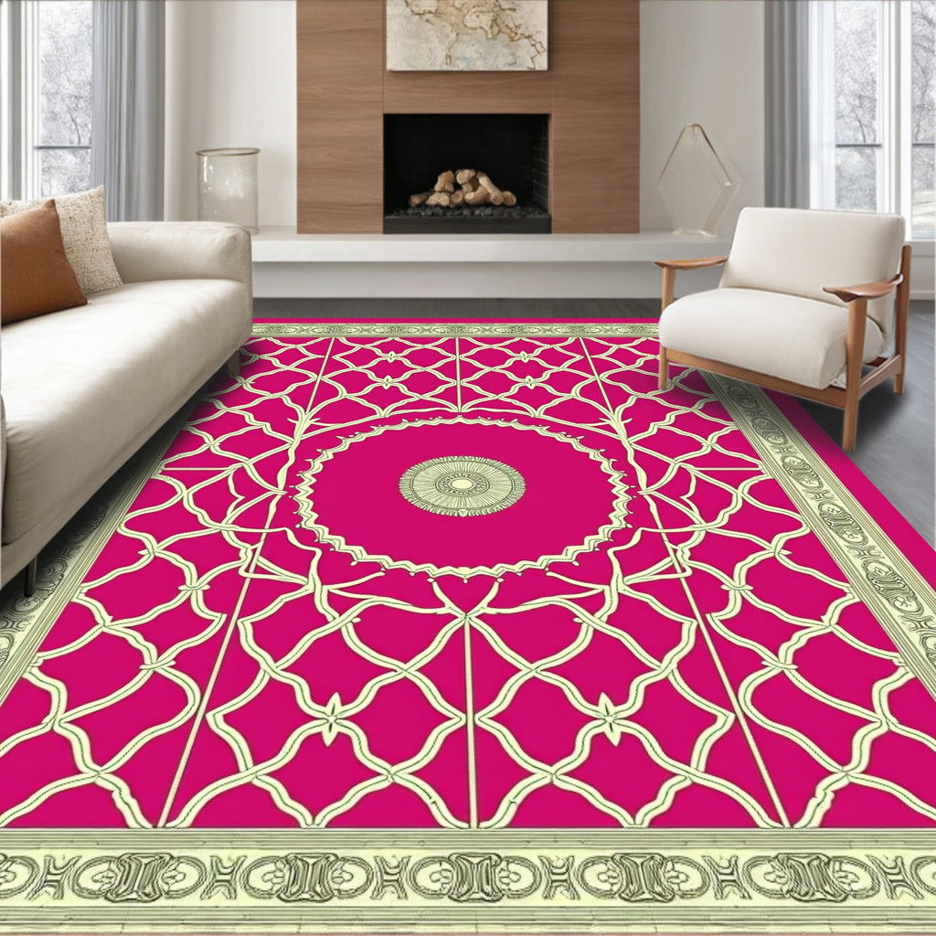 Ornate Golden Trellis Medallion Fuchsia Rug