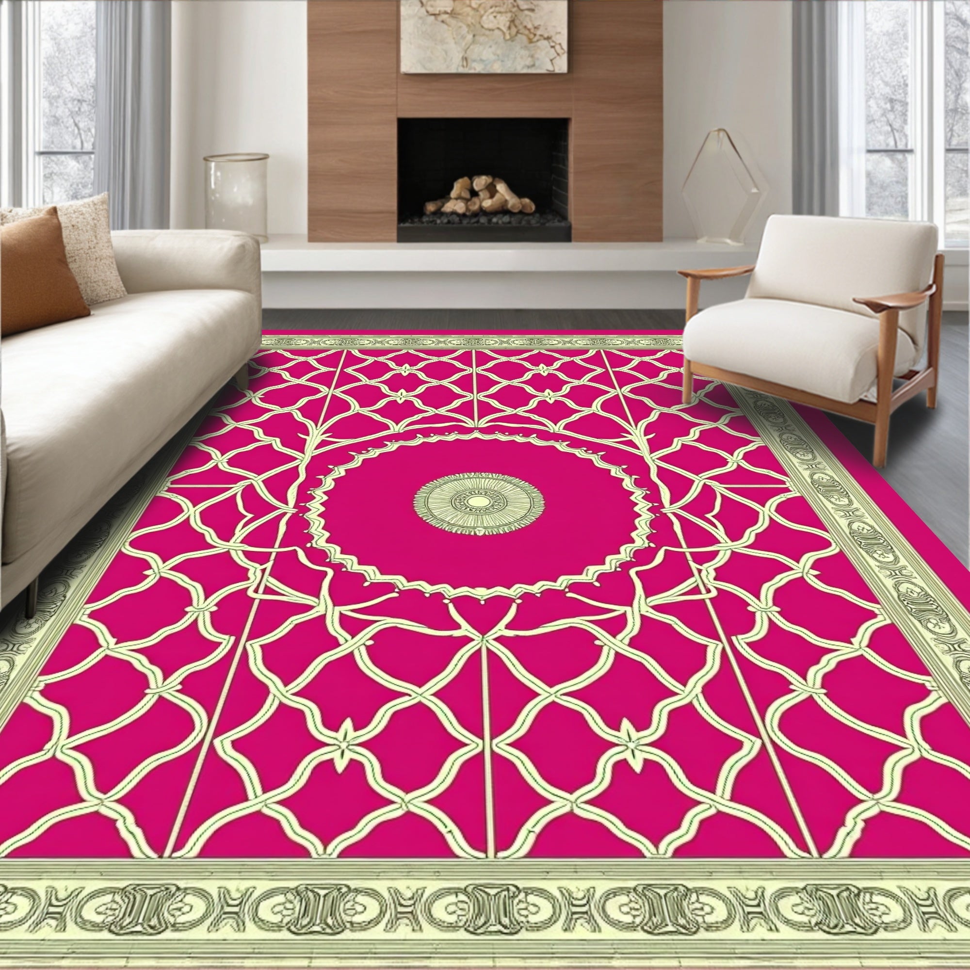 Ornate Golden Trellis Medallion Fuchsia Rug