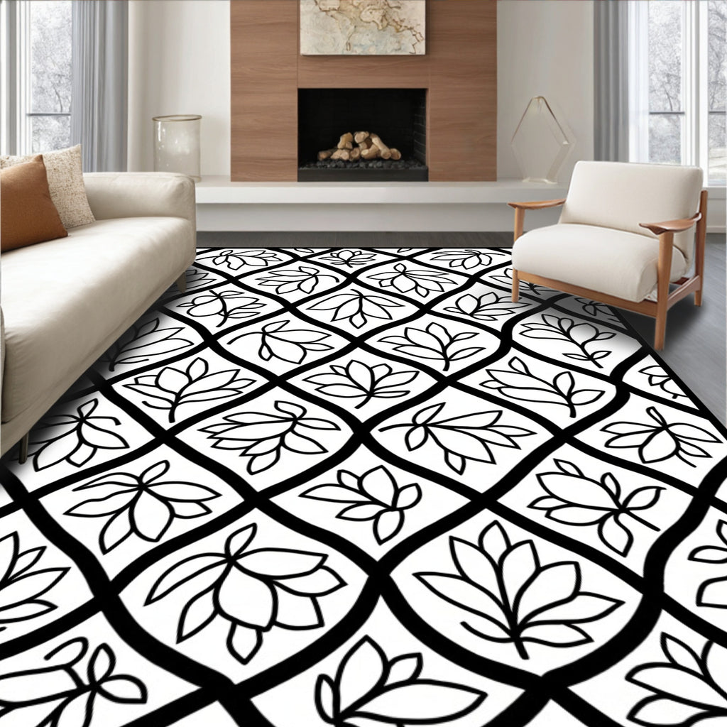 Black White Botanical Lattice Rug