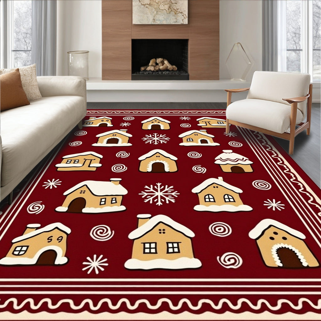 Cozy Gingerbread Houses Festive Red Rug