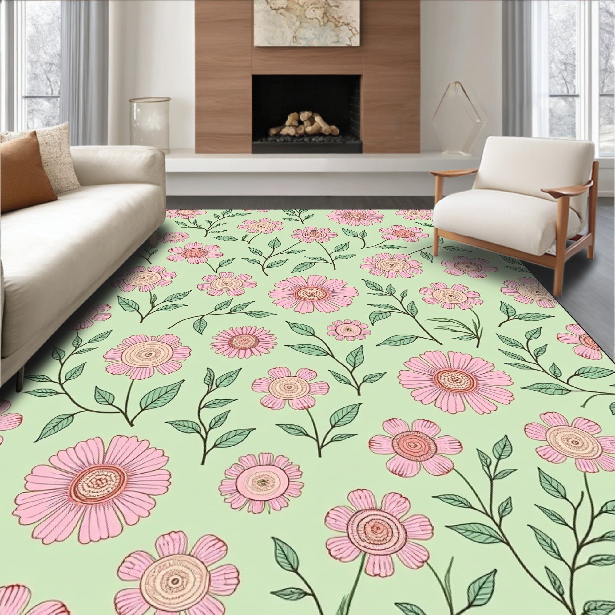 Whimsical Pink Floral Garden Sprigs Rug