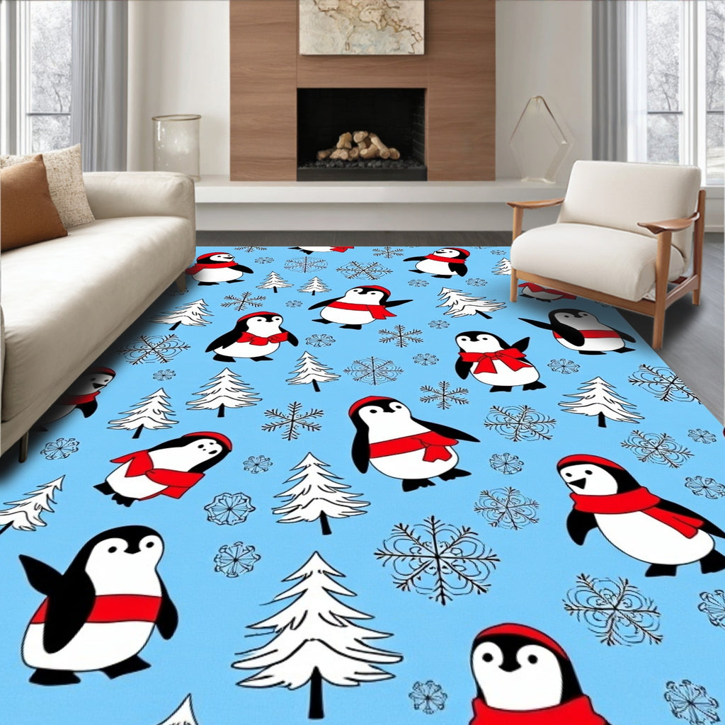 Winter Scene Penguin Snowflakes Trees Rug