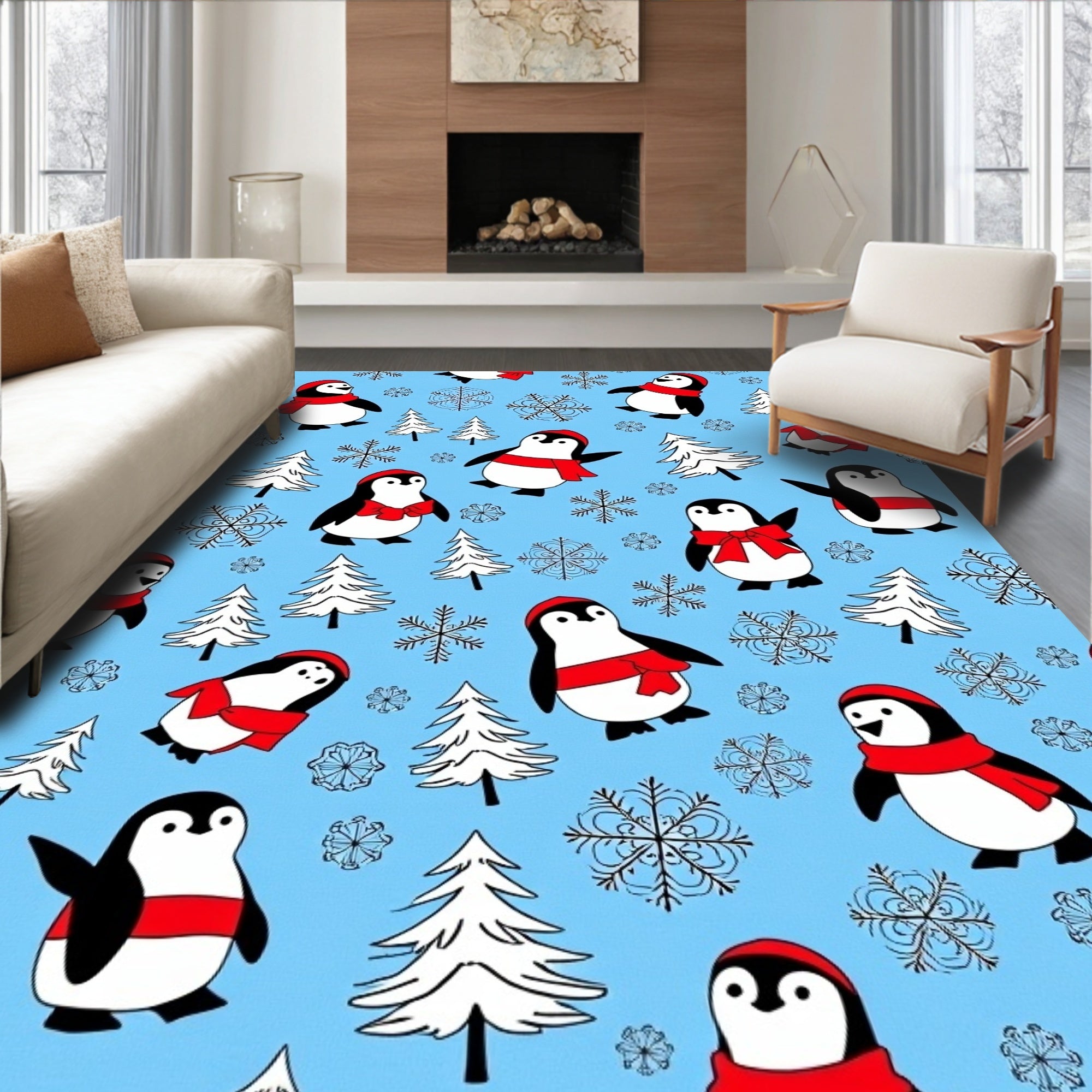 Winter Scene Penguin Snowflakes Trees Rug