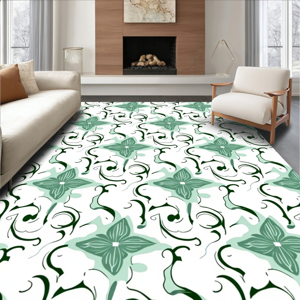 Green Faux Flower With Swirls Rug
