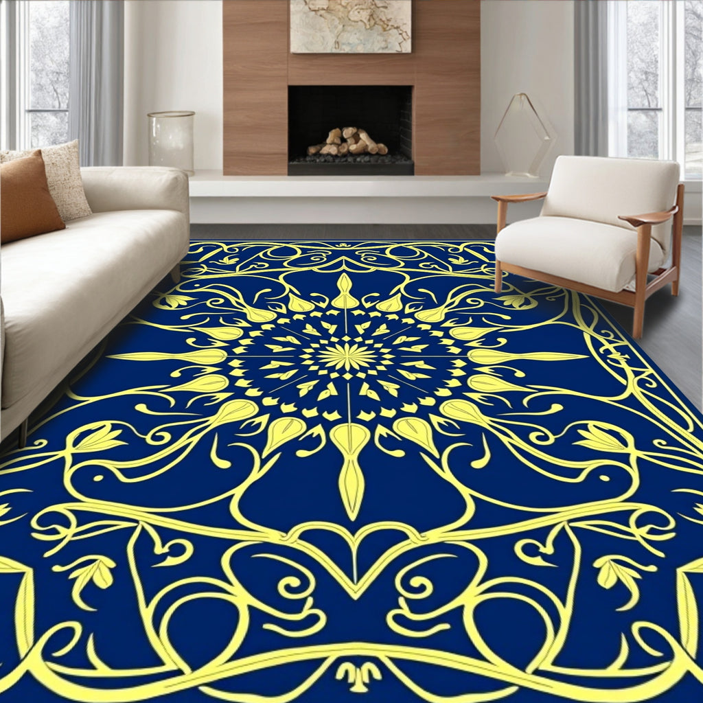Ornate Yellow Floral Medallion Blue Rug