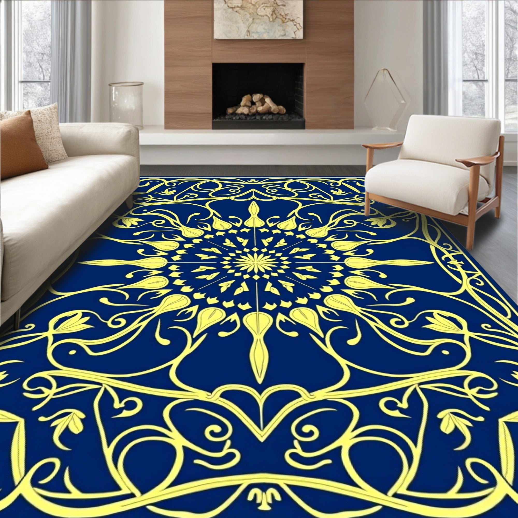 Ornate Yellow Floral Medallion Blue Rug