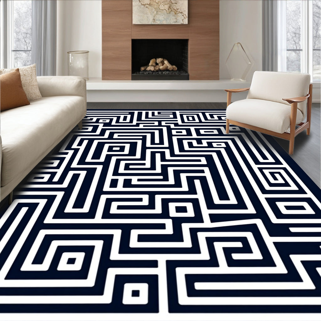 Dark Blue White Abstract Maze Rug