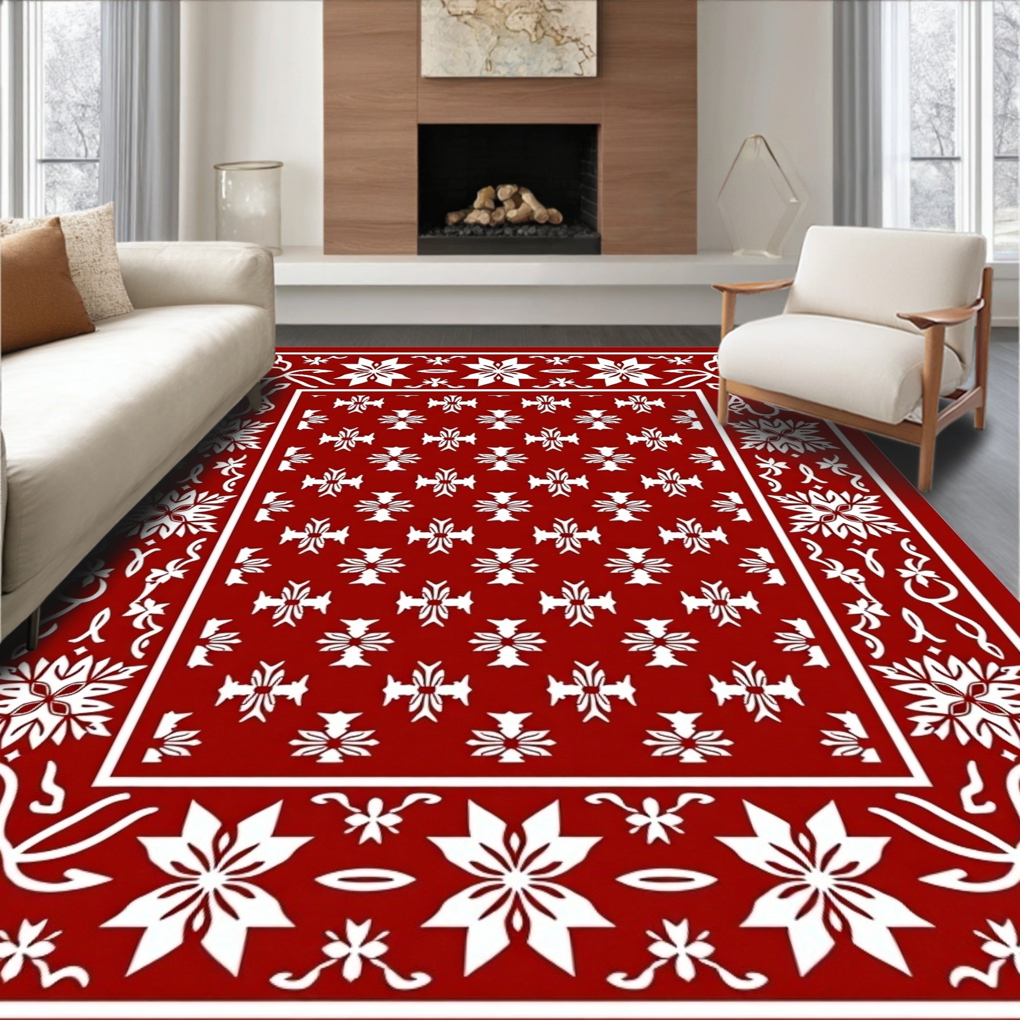 Crimson white floral ornate border Rug