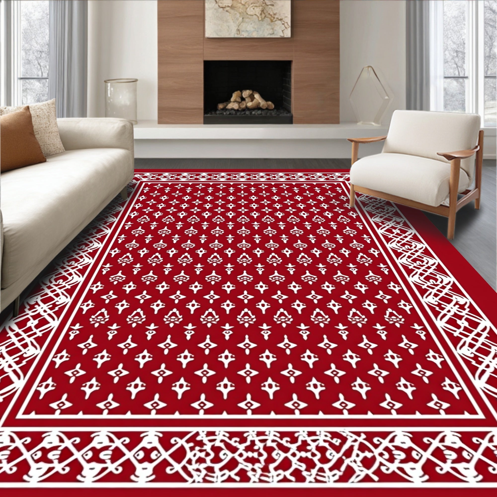 Crimson White Floral Bordered Rug