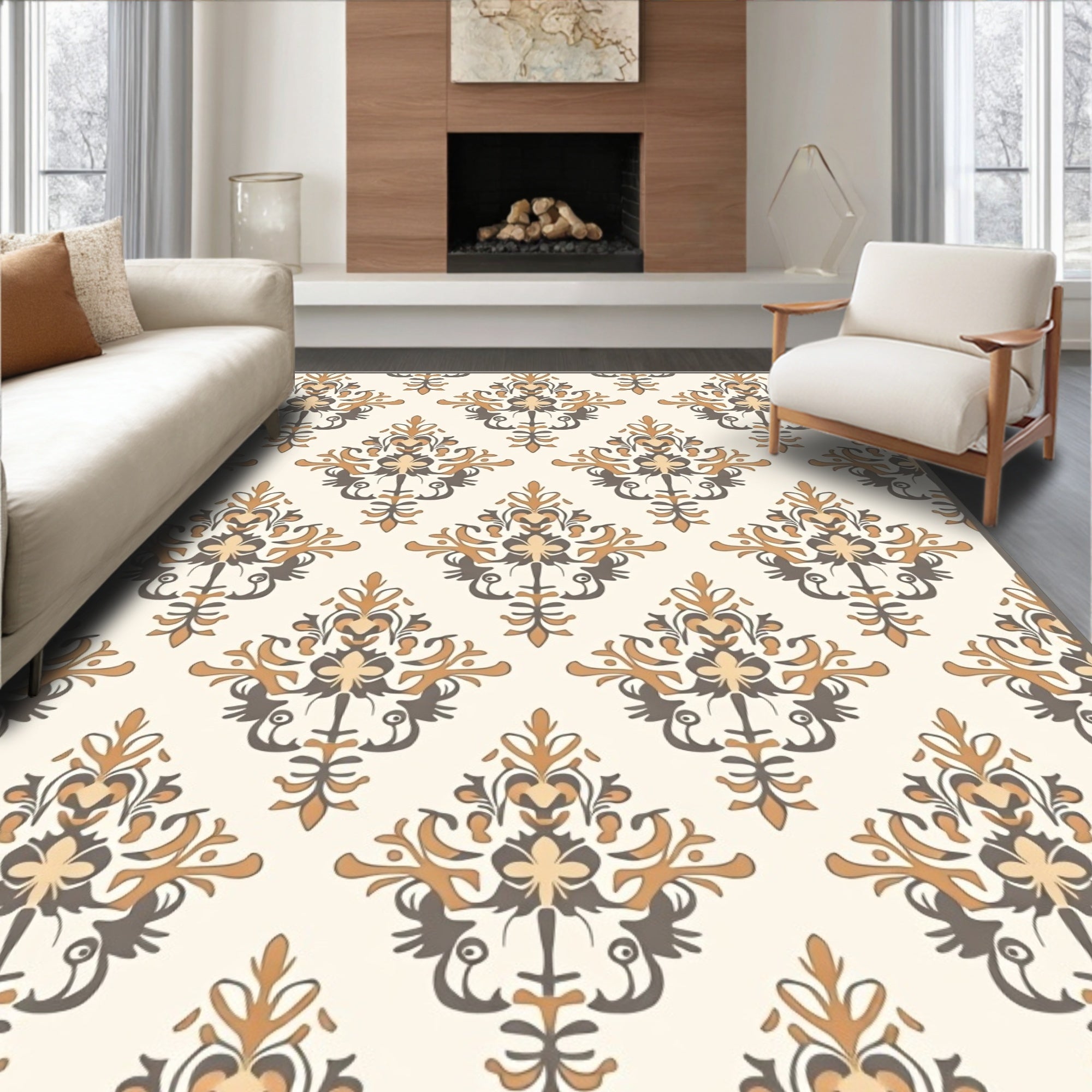 Brown and Gold Floral Damask Rug