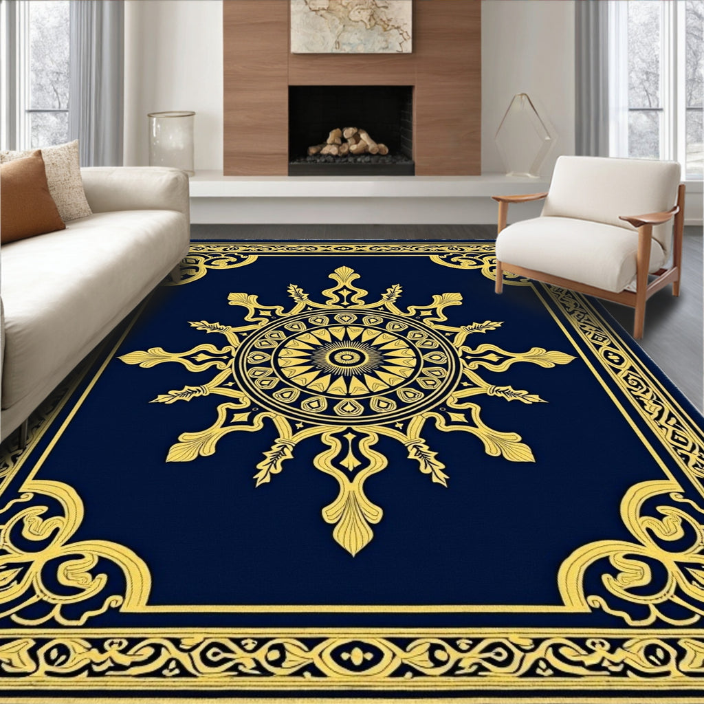 Royal Blue Gold Sunburst Medallion Rug