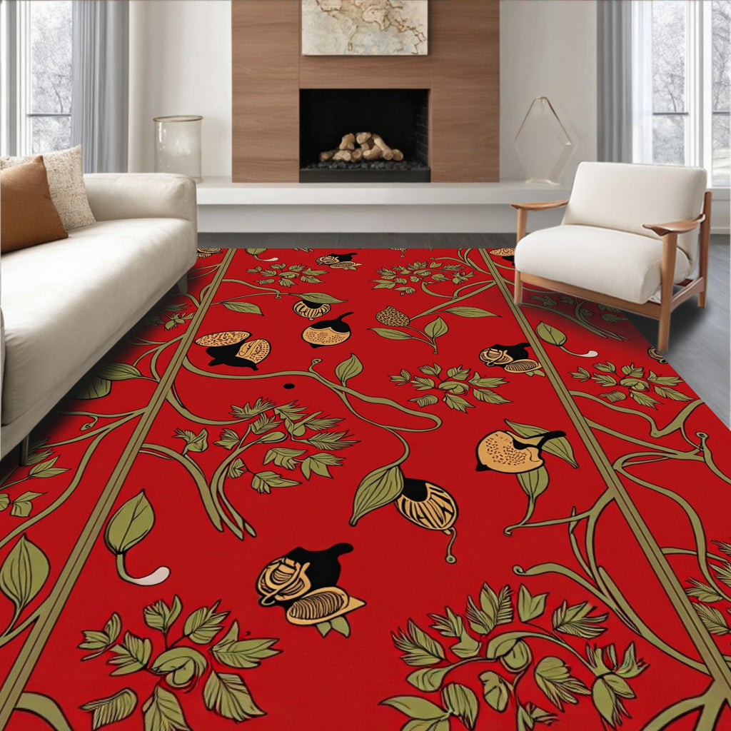 Vibrant Red Botanical Vine Fruit Rug